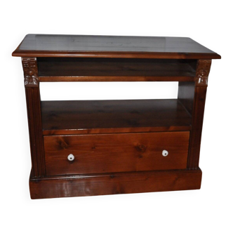 Antique brown pine TV cabinet, carved, with drawer and shelves, traditional style (1890-1919)