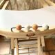 Vintage high chair for children, wood and mauve