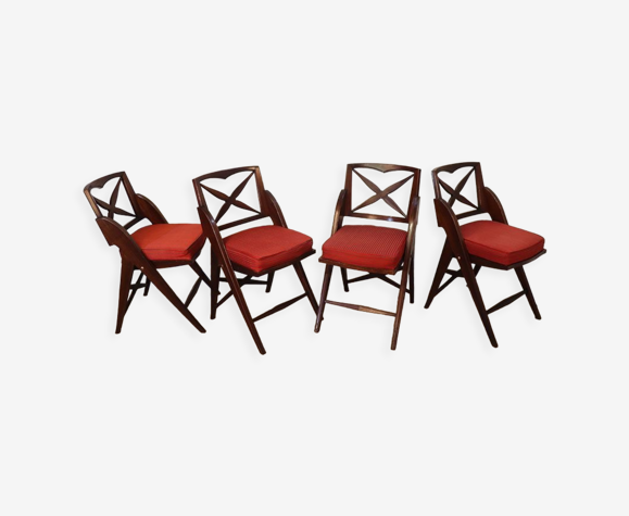 Série de 4 chaises vintage en bois et tissu 1950