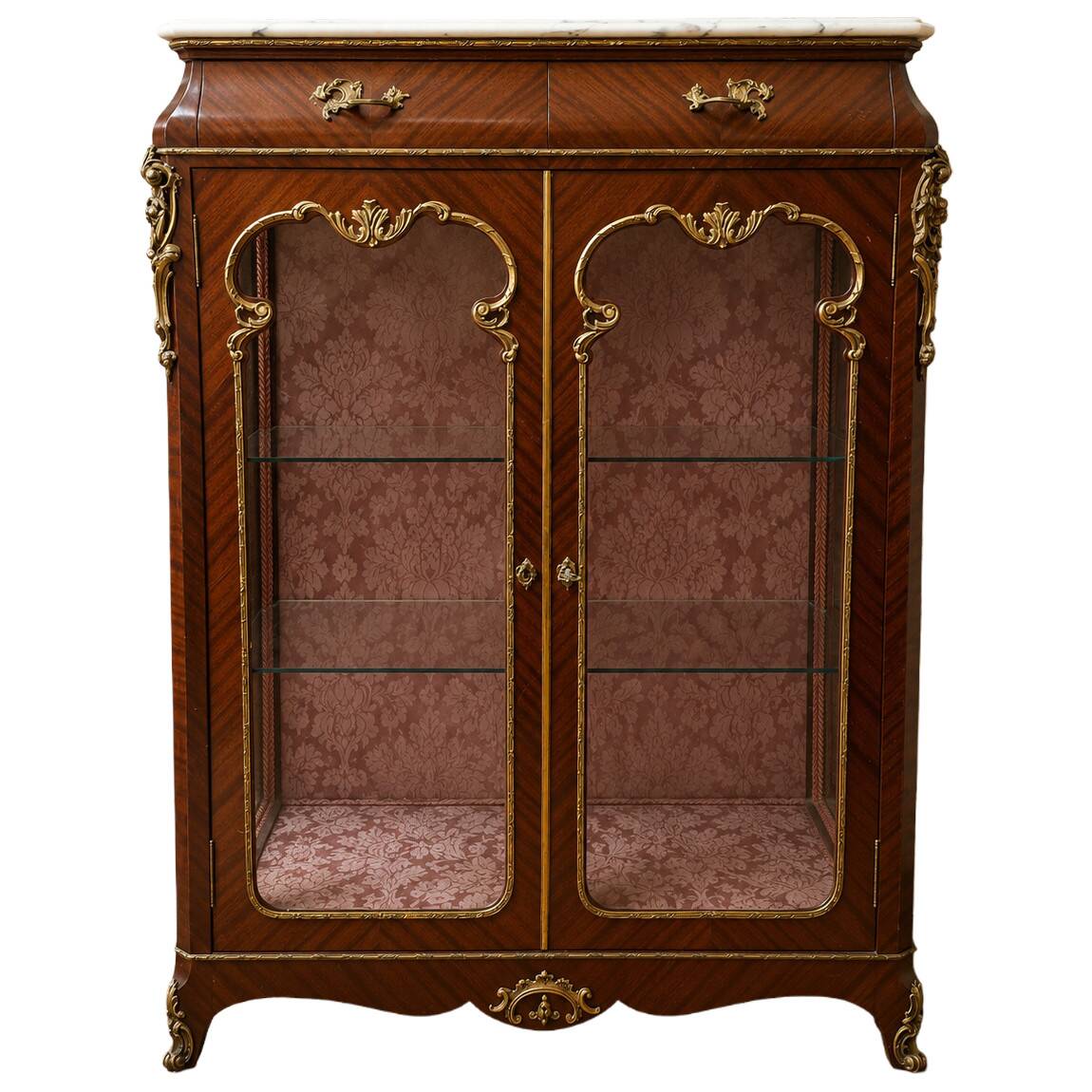 Support display cabinet from the Napoleonic III era in mahogany, gilded bronze, and white marble.