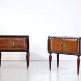 Set Of 2 Italian Midcentury Walnut Burl And Brass Bedside Tables / Cabinets