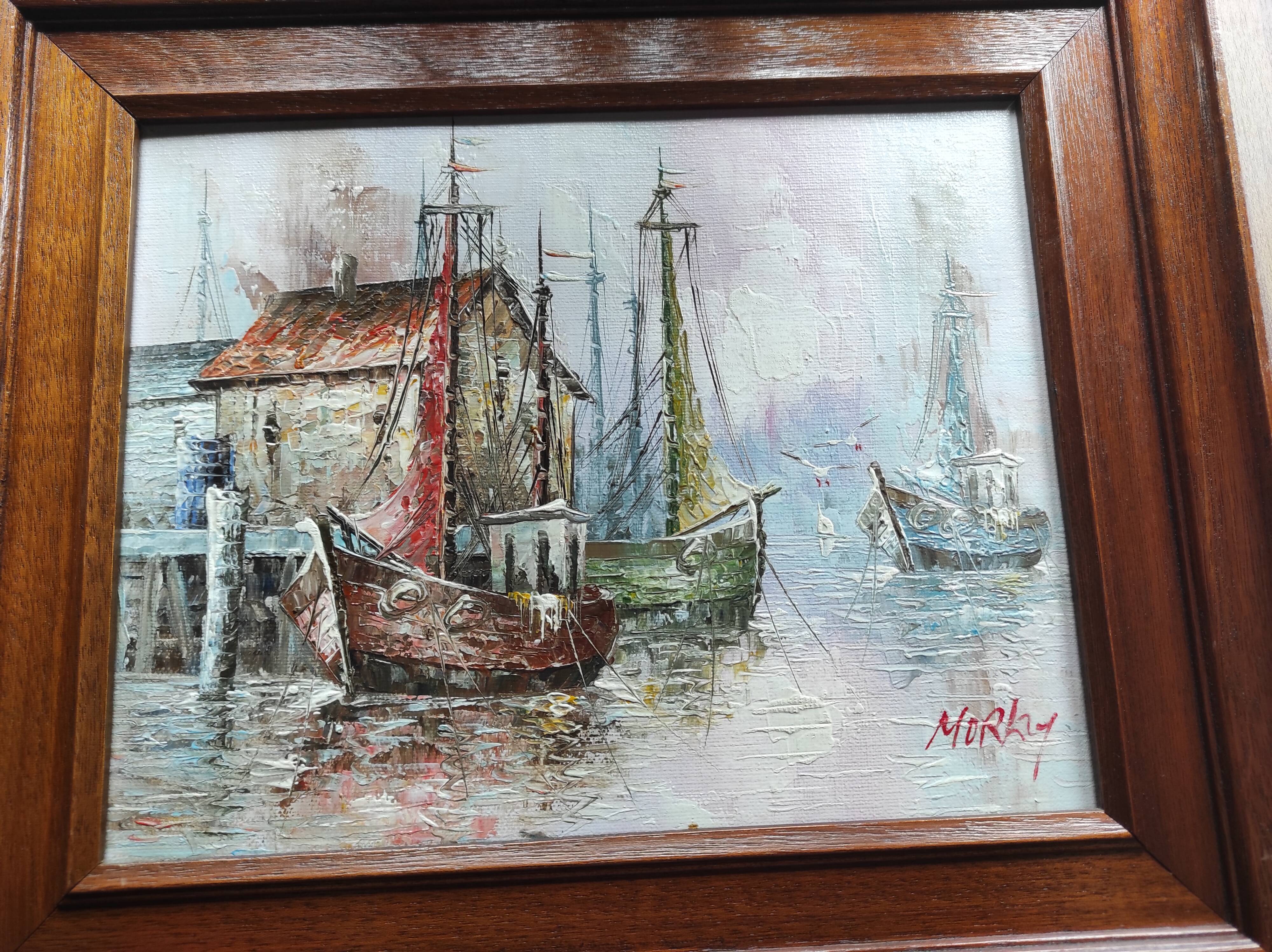 Oil painting on framed canvas seascape/boats/port signed Morlay
