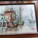 Peinture à l'huile sur toile encadrée paysage marin/bateaux/port signée Morlay