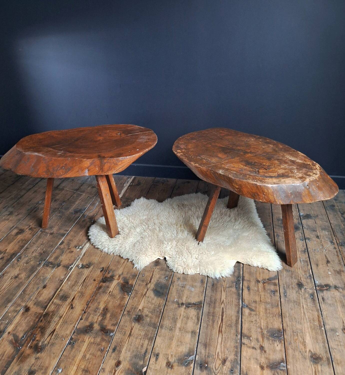 Brutalist tripod coffee tables, vintage furniture
