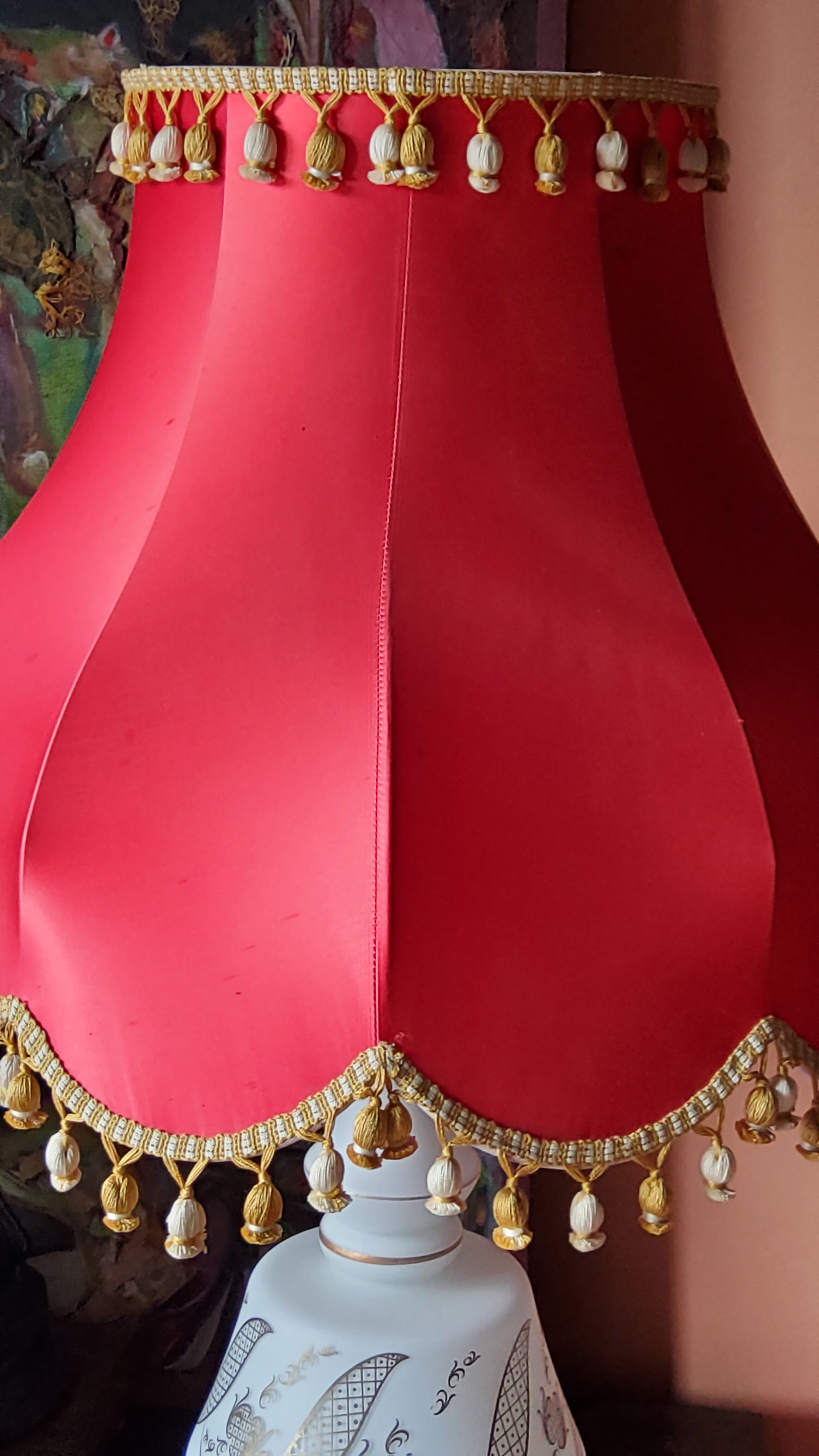 Vintage lamp of the 50s in white and golden opaline glass lampshade in red satin 75cm