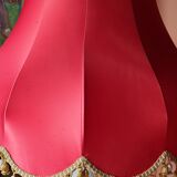 Vintage lamp of the 50s in white and golden opaline glass lampshade in red satin 75cm