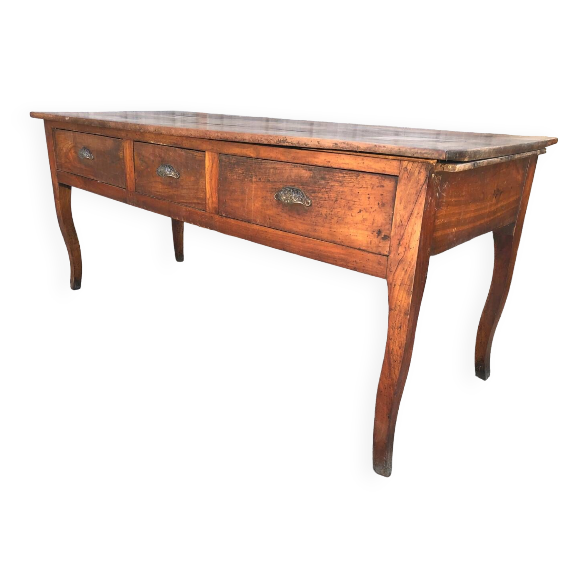 Antique solid cherry farmhouse table with 3 drawers and 2 pulls