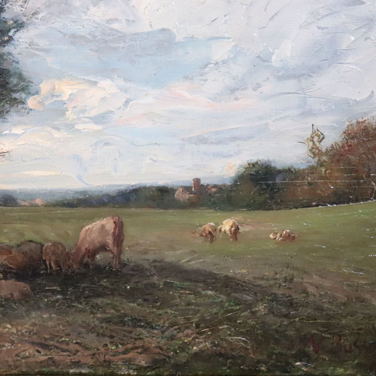 Peinture à l'huile sur panneau, paysage avec un troupeau de moutons, signé V. Bussolino, Italie, 19e siècle