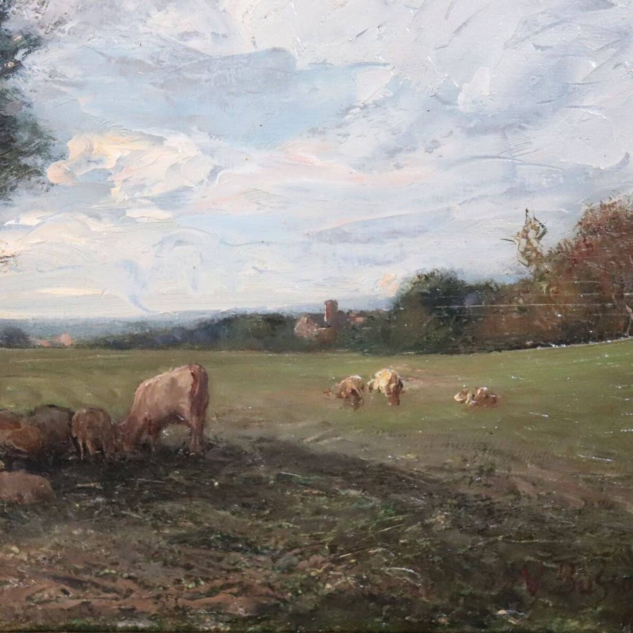 Oil Painting On Panel, Landscape With A Flock Of Sheep, Signed V. Bussolino, Italy, 19th Century