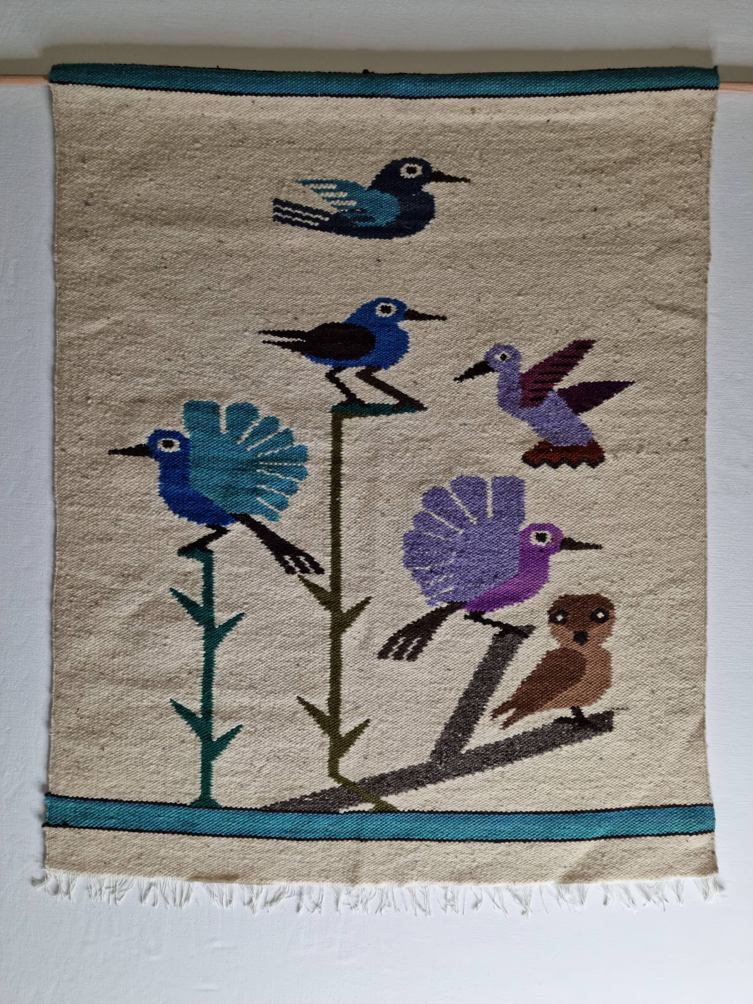 Handcrafted wall tapestry in dyed wool, bird decor, 67 cm by 84 cm