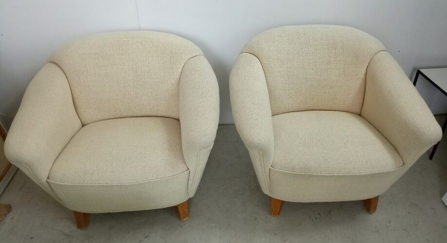 pair of scandinavian armchairs with original wool fabric