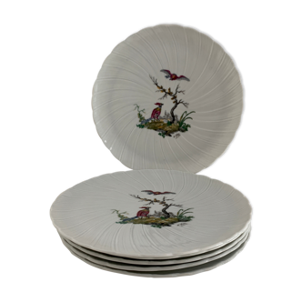 6 assiettes à dessert Bernardaud et Cie, porcelaine de Limoges, à décor d'oiseaux