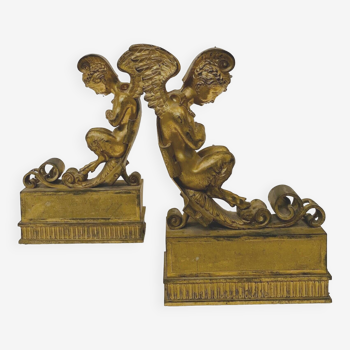 Pair of gilded bronze andirons decorated with winged fauns 19th century