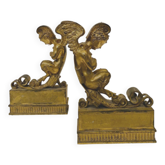 Pair of gilded bronze andirons decorated with winged fauns 19th century