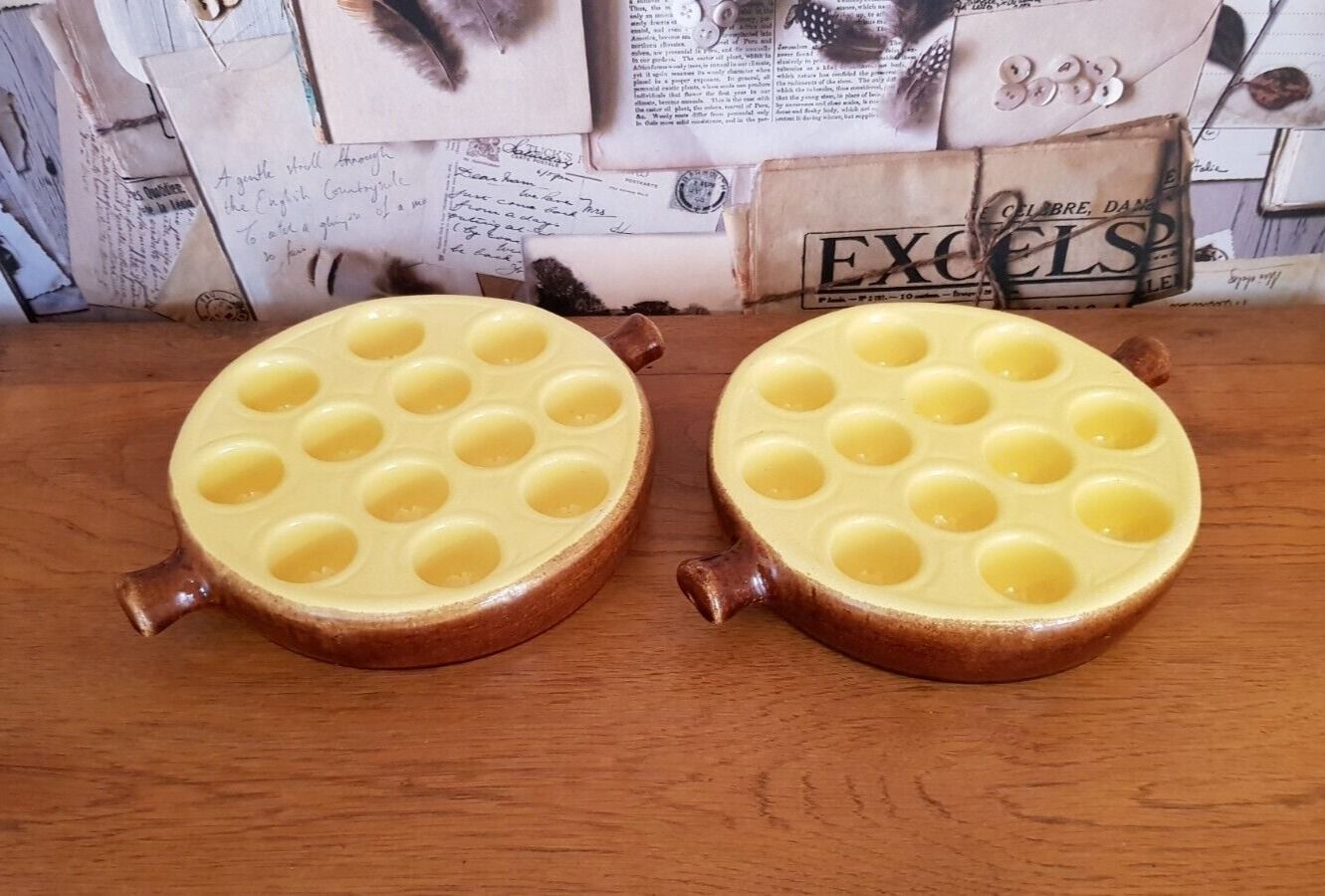 Set of 2 french brown 1 yellow escargot snail cook pots 12 snail wells 3885