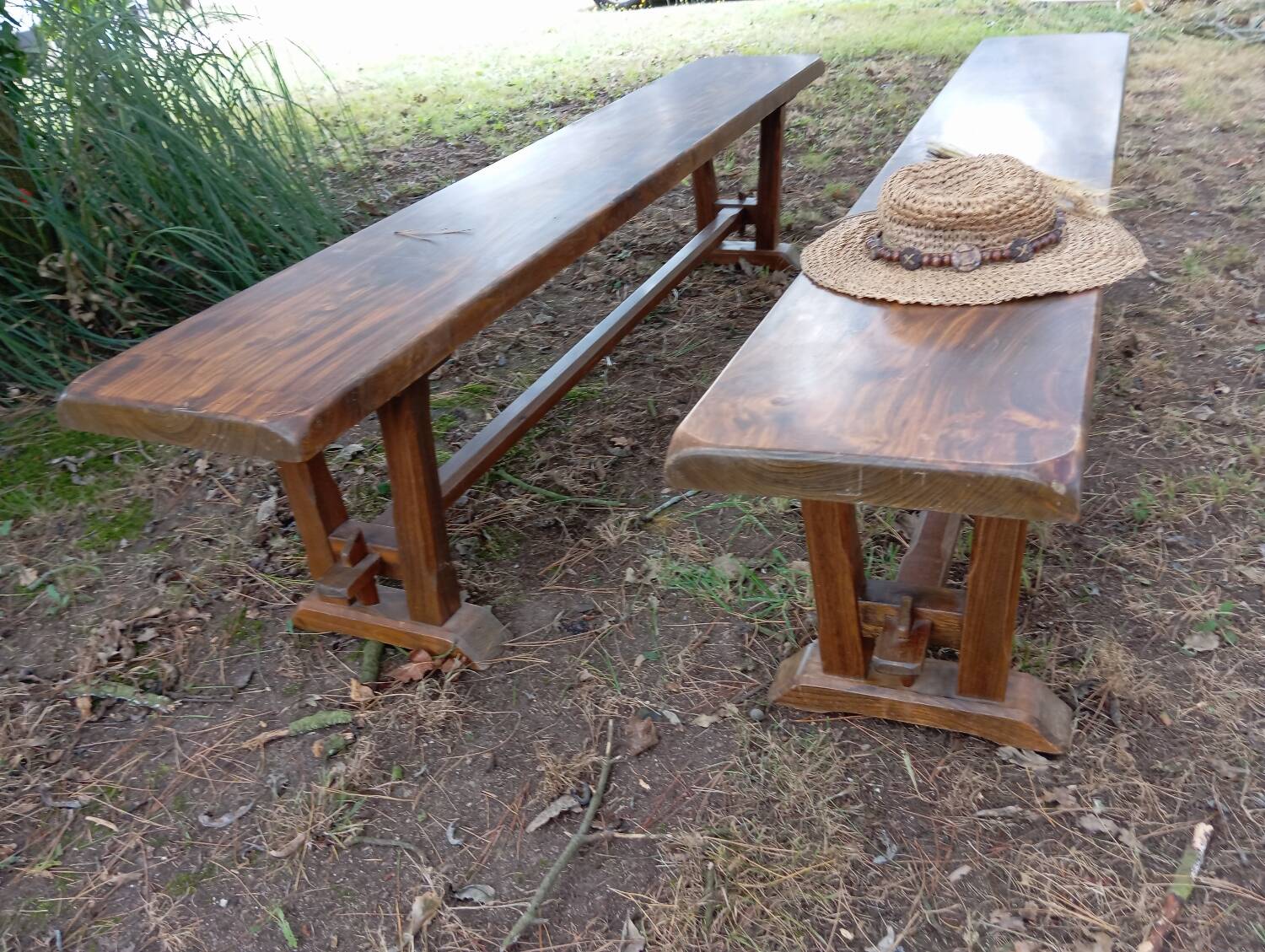 Pair of solid cherry wood farmhouse benches, 1950/60