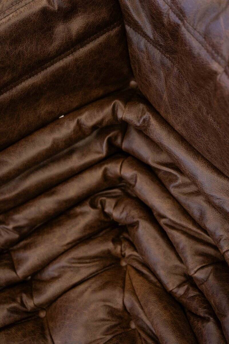 Vintage two-seater Togo sofa with arms in brown leather by Michel Ducaroy for Ligne Roset, 1970s