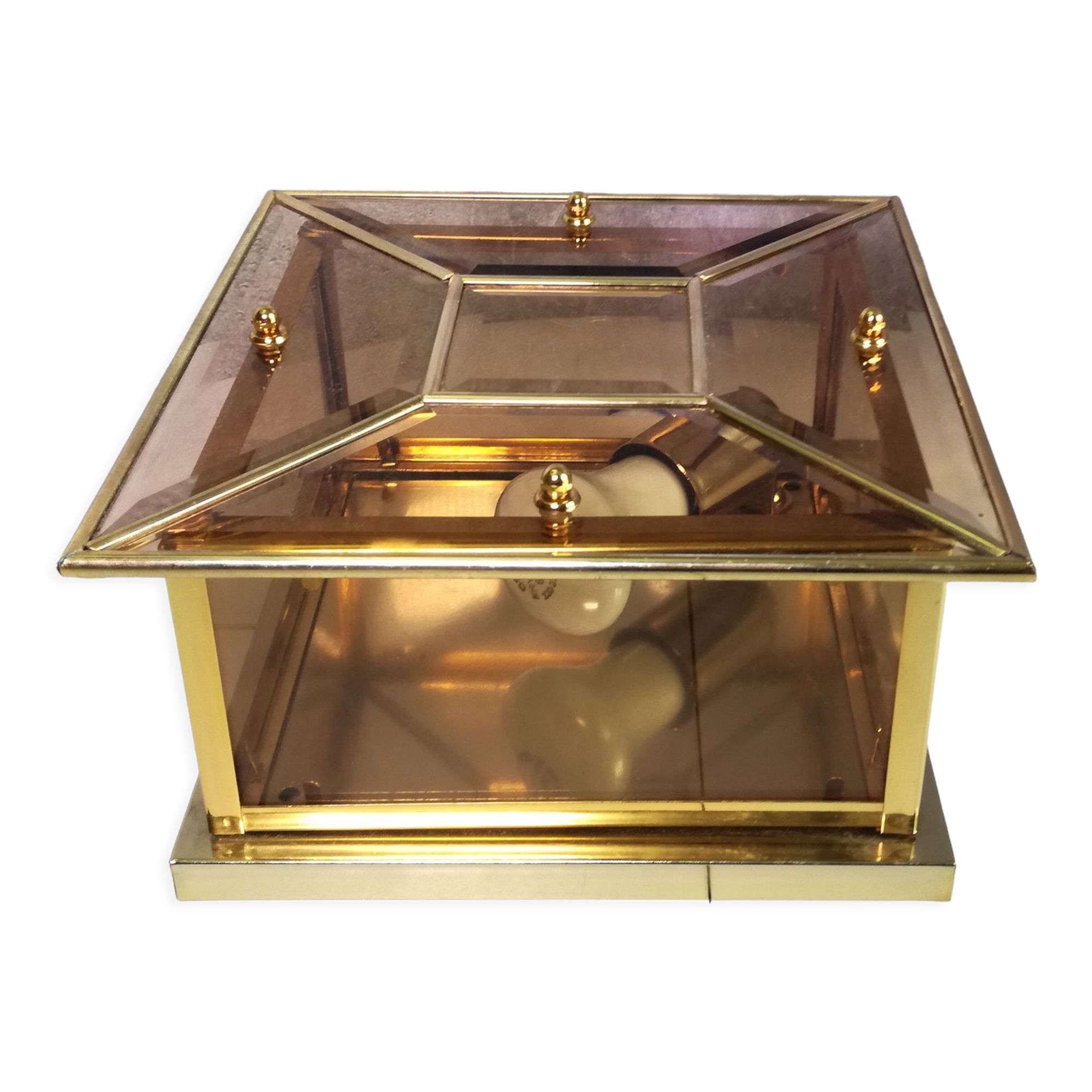 Plafonnier ou applique carré en laiton, en verre biseauté et teinté 1970