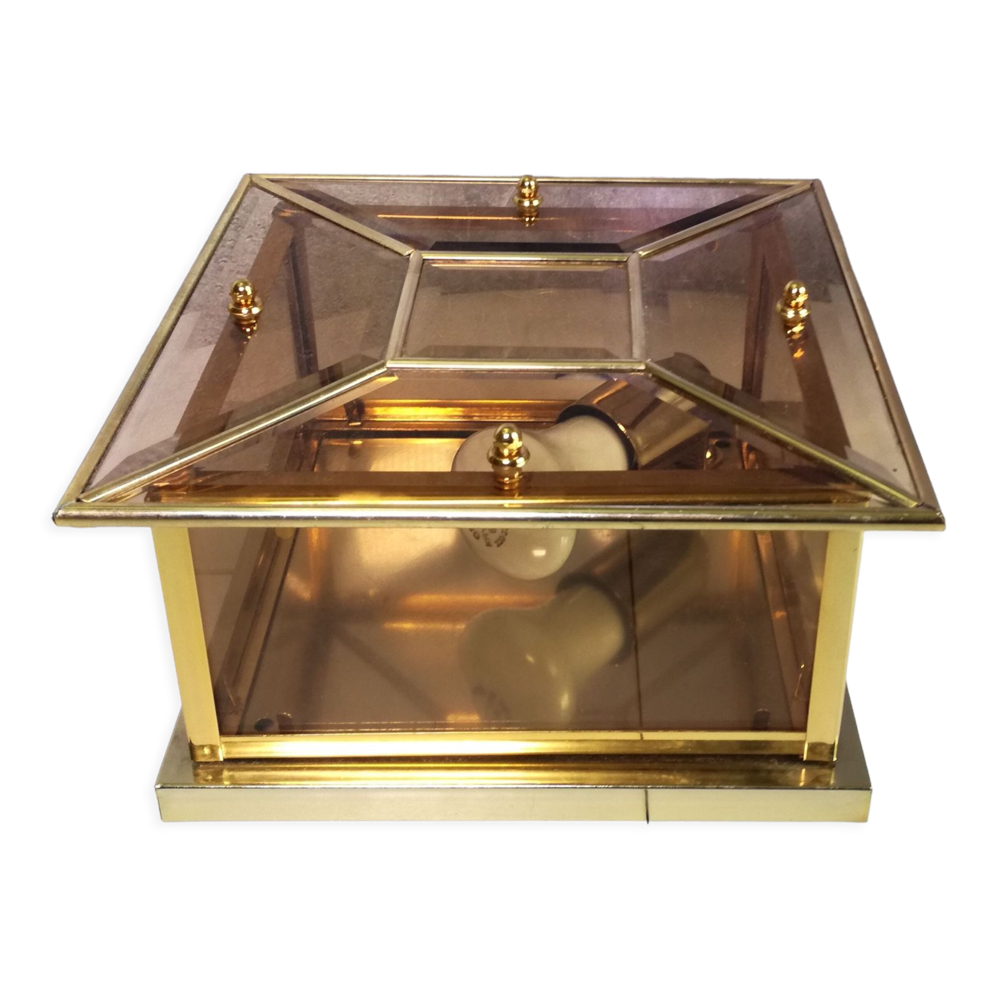 Ceiling lamp or square wall lamp in brass, beveled and tinted glass 1970