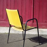 Scoubidou armchair, black metal armchair and yellow plastic wires, vintage chair
