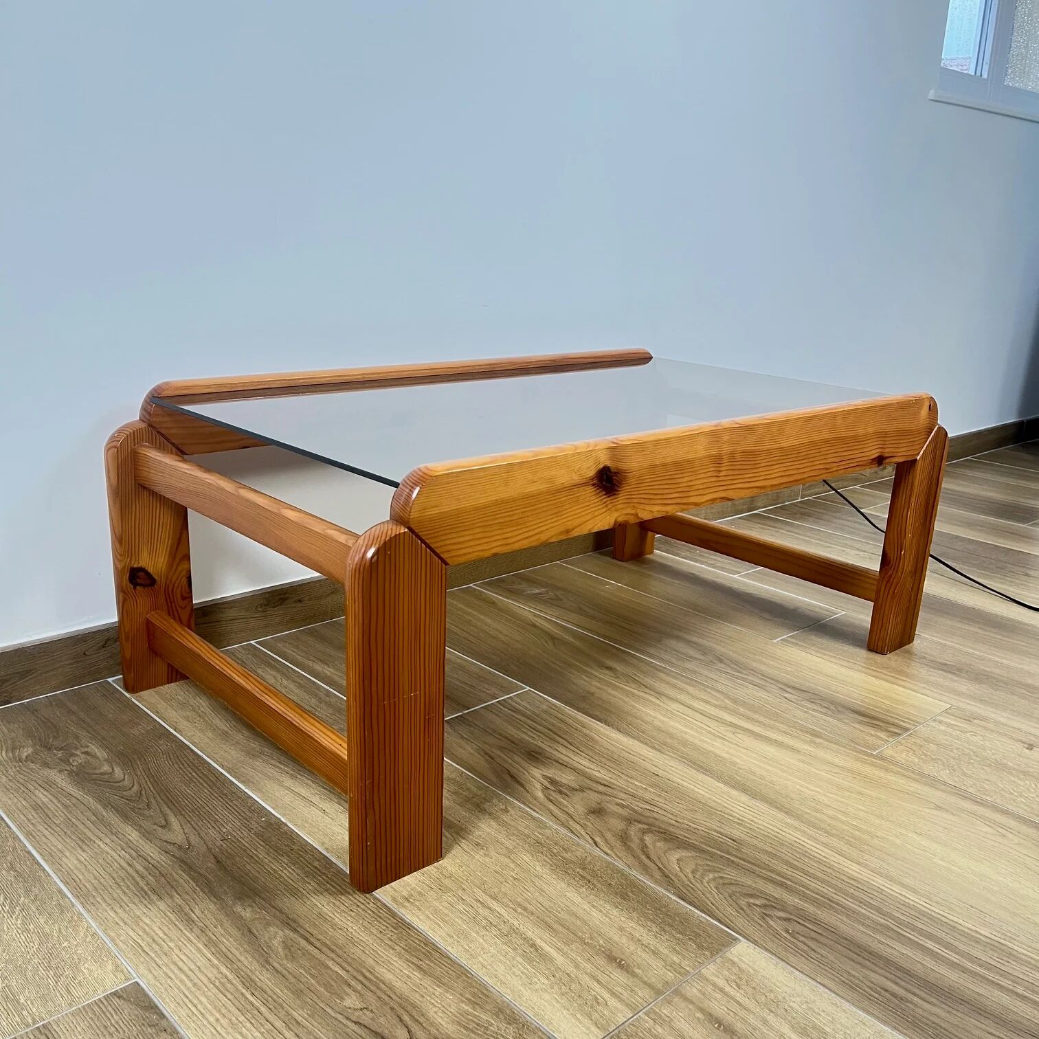 Pine coffee table with smoked glass top, 1970s/80s.