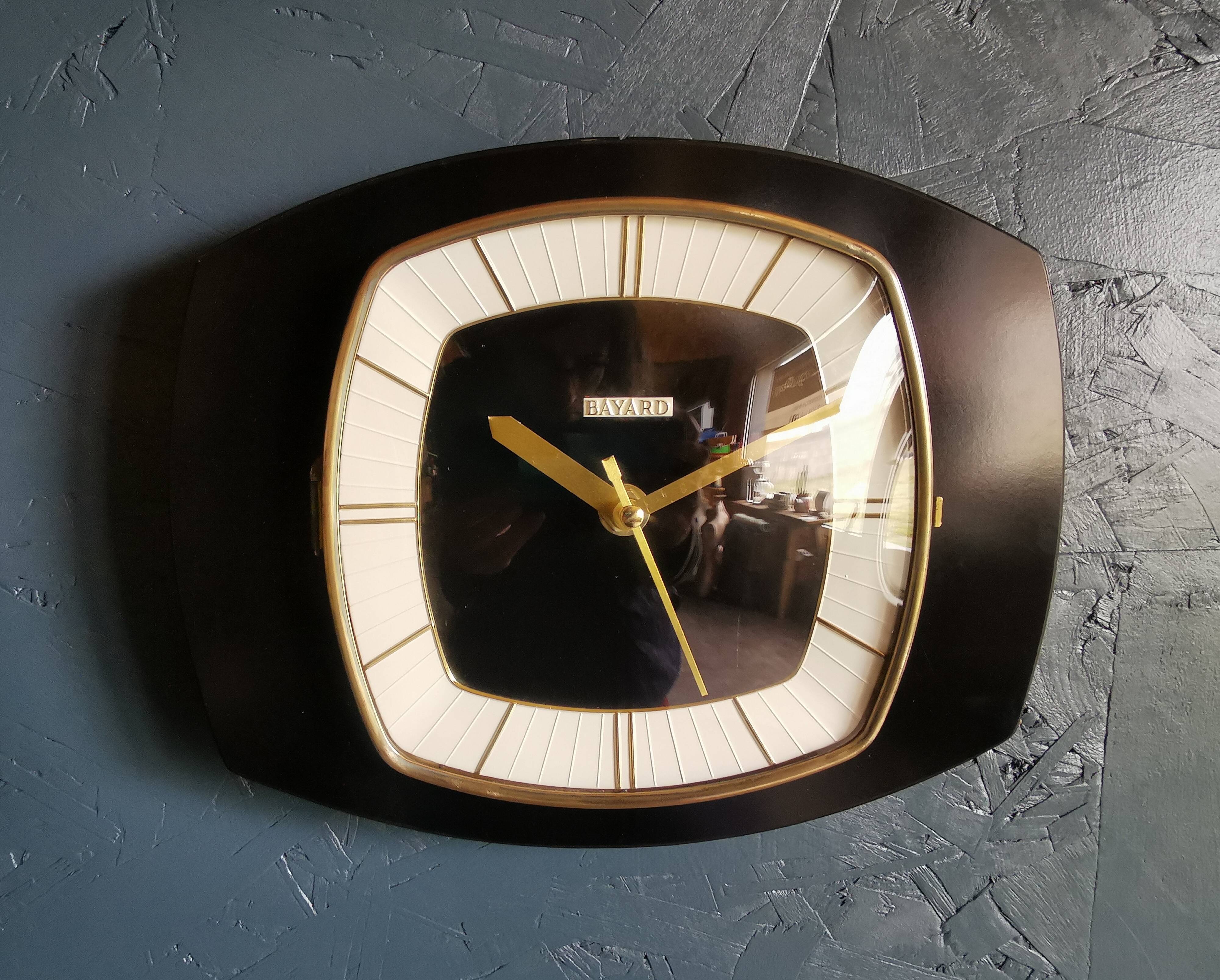 Vintage formica clock silent trapezoid wall clock "Bayard noir"