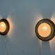 Pair of round glass wall lights, brass base and Wood Wood, 1960s, Italy.