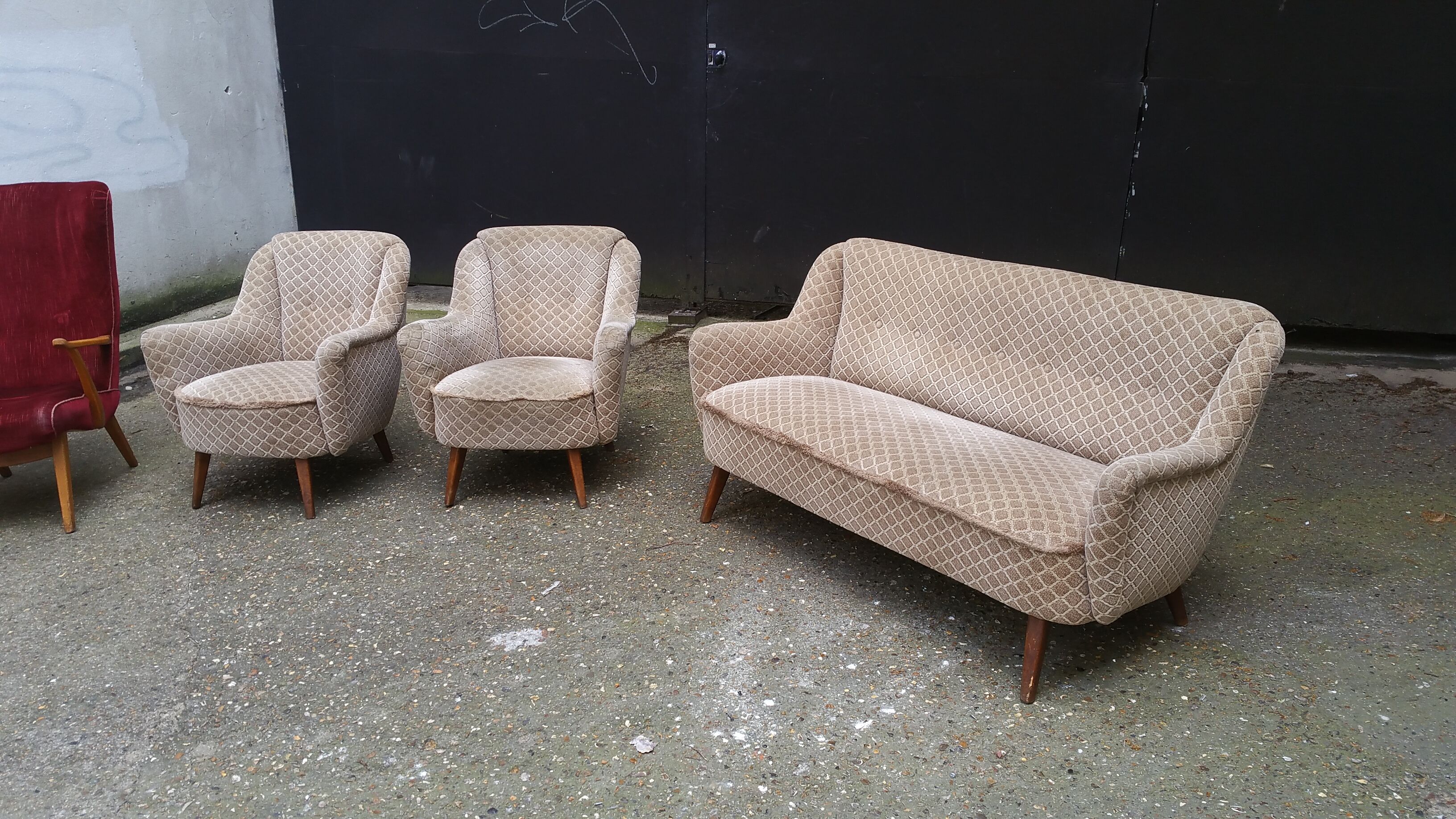 Set canapé sofa + 2 fauteuils années 50 60 d'epoque