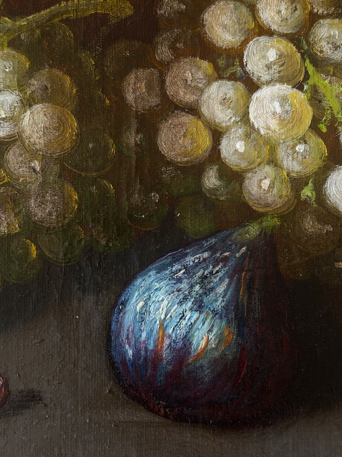 Still life painting, grapes and figs, oil on canvas.