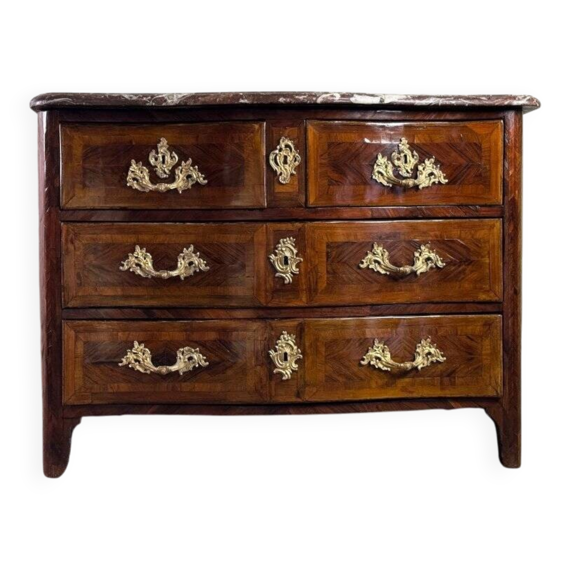 Louis XV chest of drawers in veneer and gilded bronze, Rance marble, 18th century