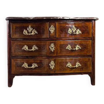 Louis XV chest of drawers in veneer and gilded bronze, Rance marble, 18th century