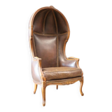 Confidant-type shepherdess in molded and carved wood. Brown leather trim