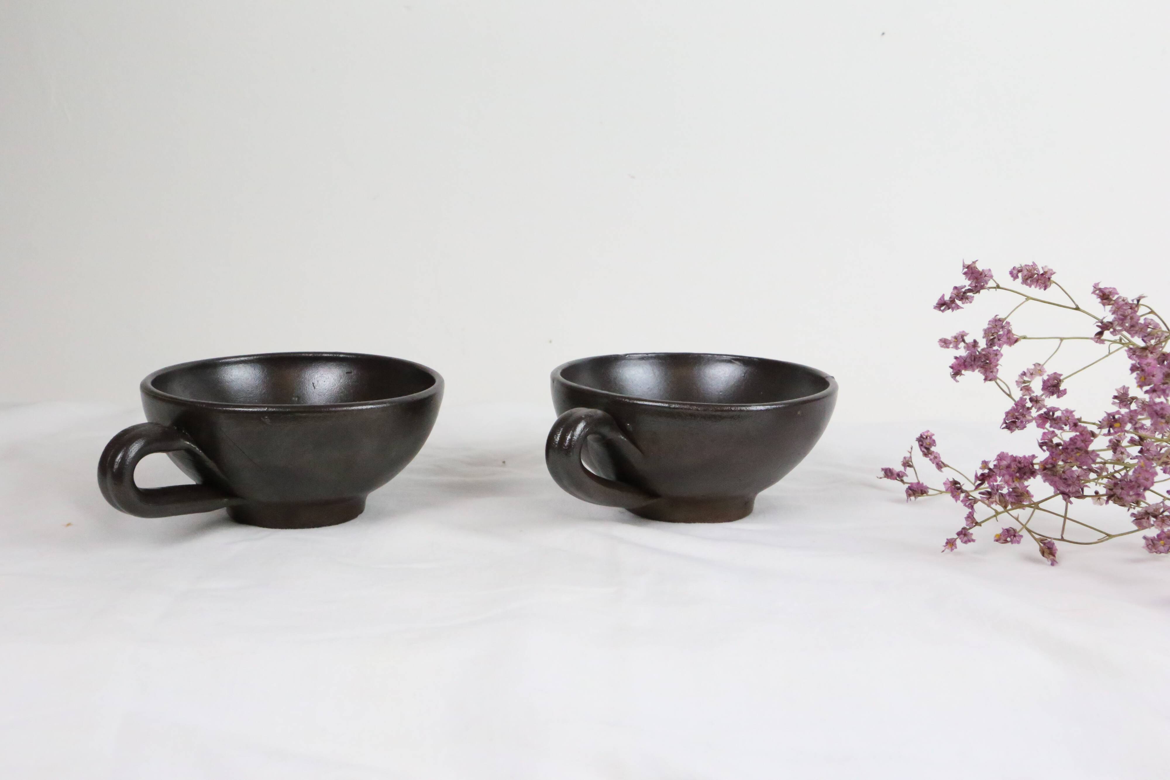 Set of 2 sandstone cups, artisanal pottery, vintage, 1980