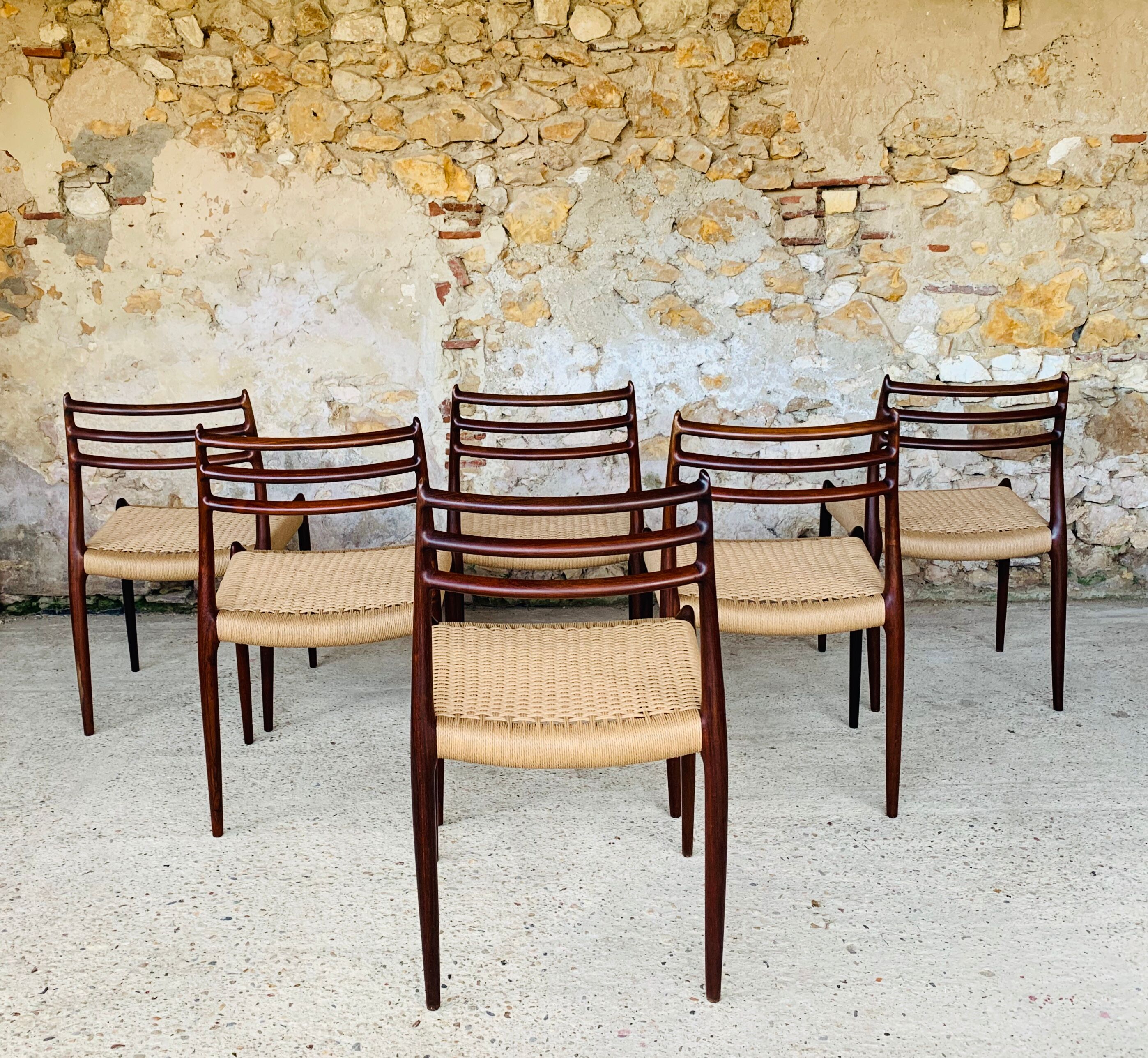 First edition rosewood model 78 dining chairs by Niels Moller, 1962-1970, Set of 6.