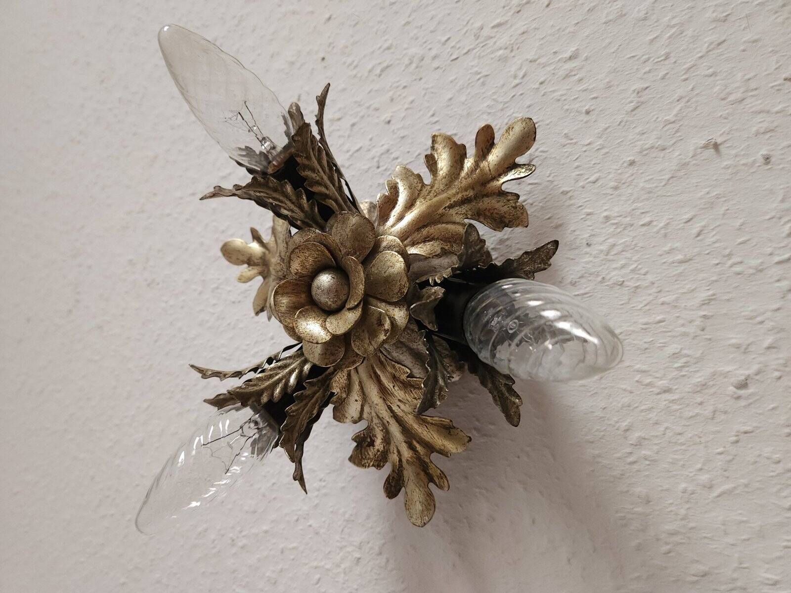 Vintage Florentine floral hand-forged silver-plated 3-light flush mount from Banci Firenze, Italy, Florence 1960s, set of 5