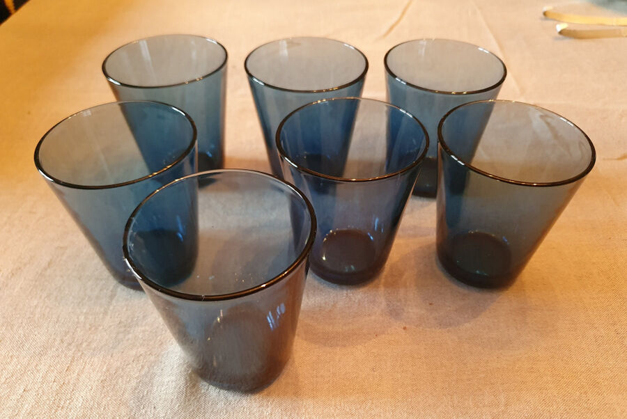 7 vintage blue water glasses