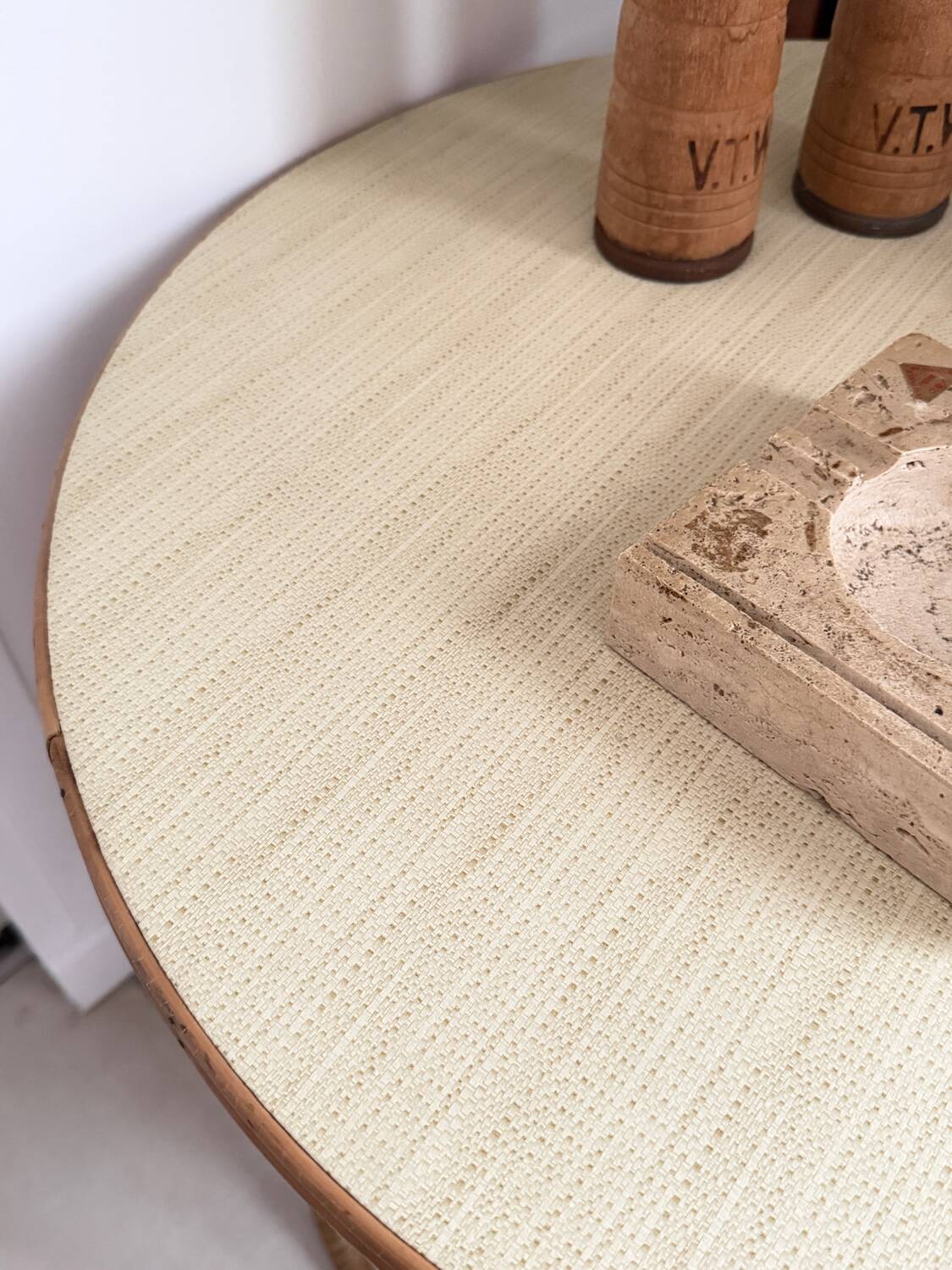 Vintage round tripod side table in rattan