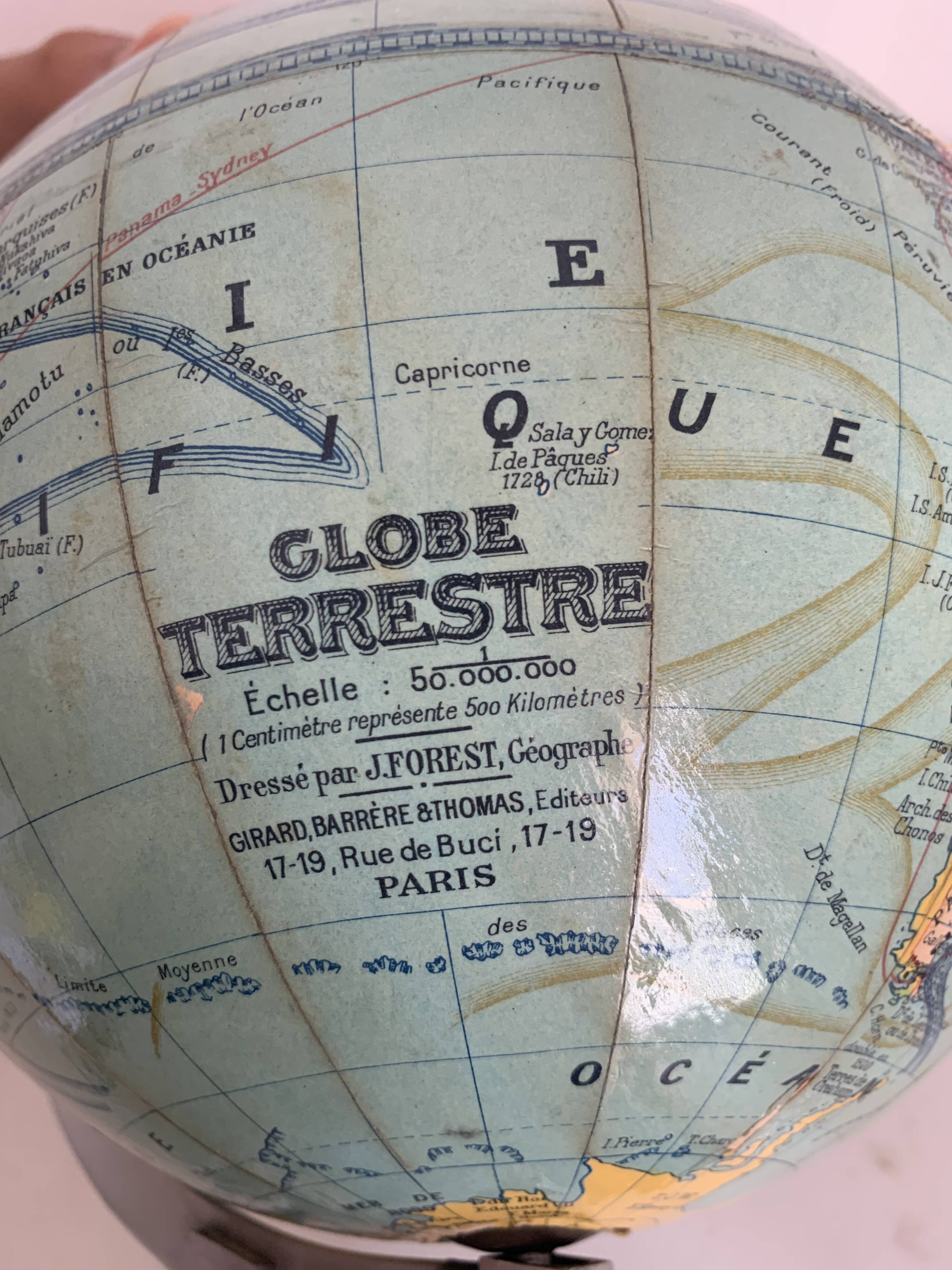 Vintage 1950 terrestrial globe Girard Barrère Forest - 29 cm