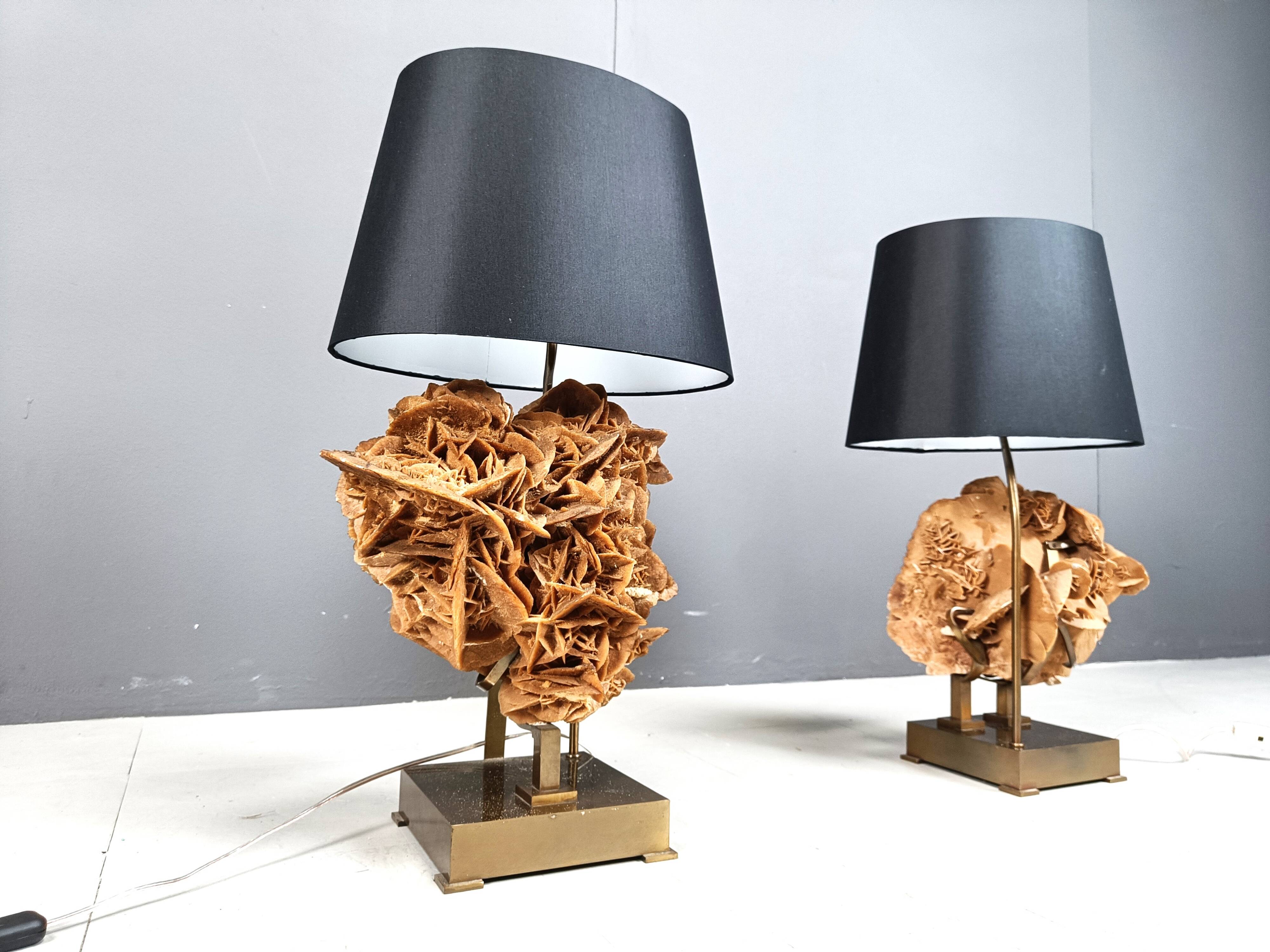 Lampes de table en laiton et pierre rose, années 1970