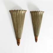Two large, rare 1950s wall lamps made of wood with aluminum cladding