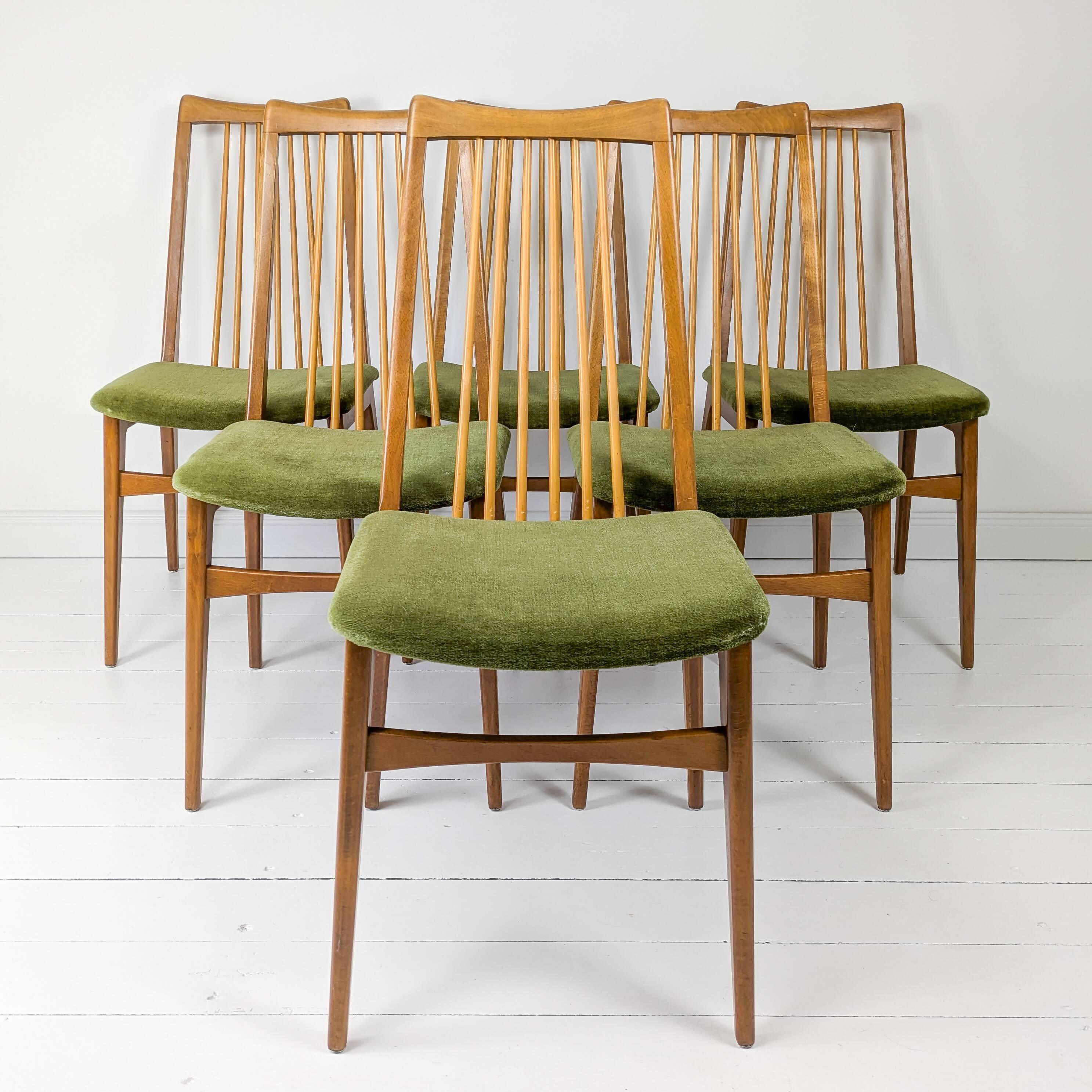 Lot de 6 chaises rembourrées Benze Mid Century avec entretoises en bois vert Design danois vintage des années 70
