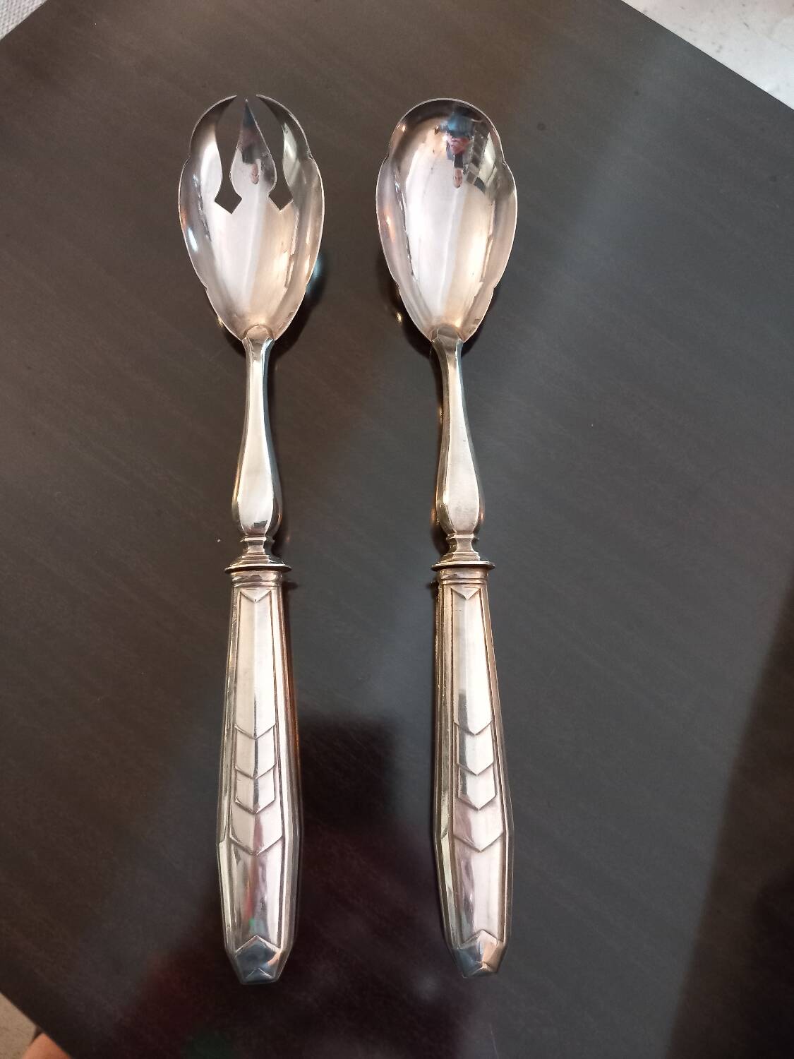 Pair of salad servers. silver plated. art deco