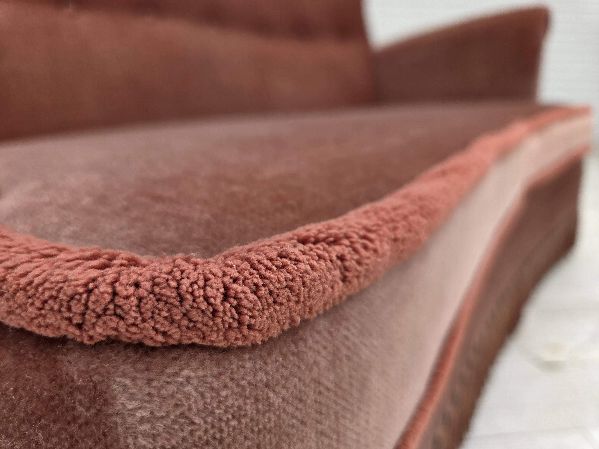 1970s, Danish 2-seater sofa, salmon pink furniture velour, beech wood.