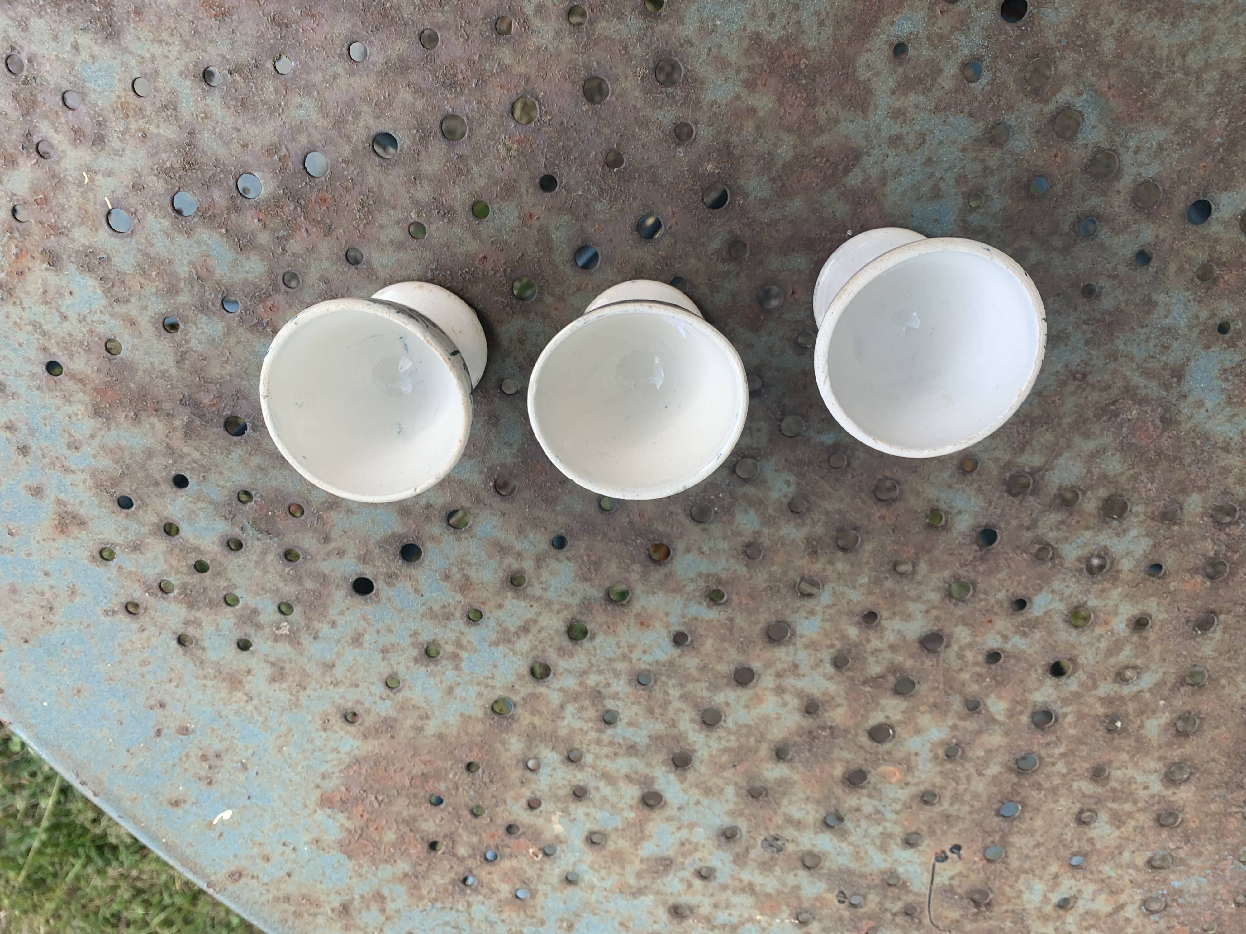 3 white earthenware egg cups, blue foliage decor, Grigny fire clay, made in France