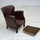 Fauteuil danois des années 1930, cuir marron, velours.