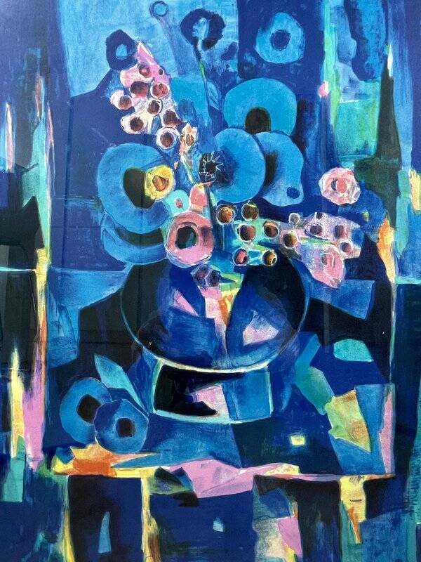 Tony Agostini, Bouquet with Blue Vase, Lithograph, Framed