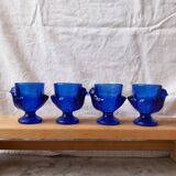 4 coquetiers en forme de poule en verre bleu cobalt