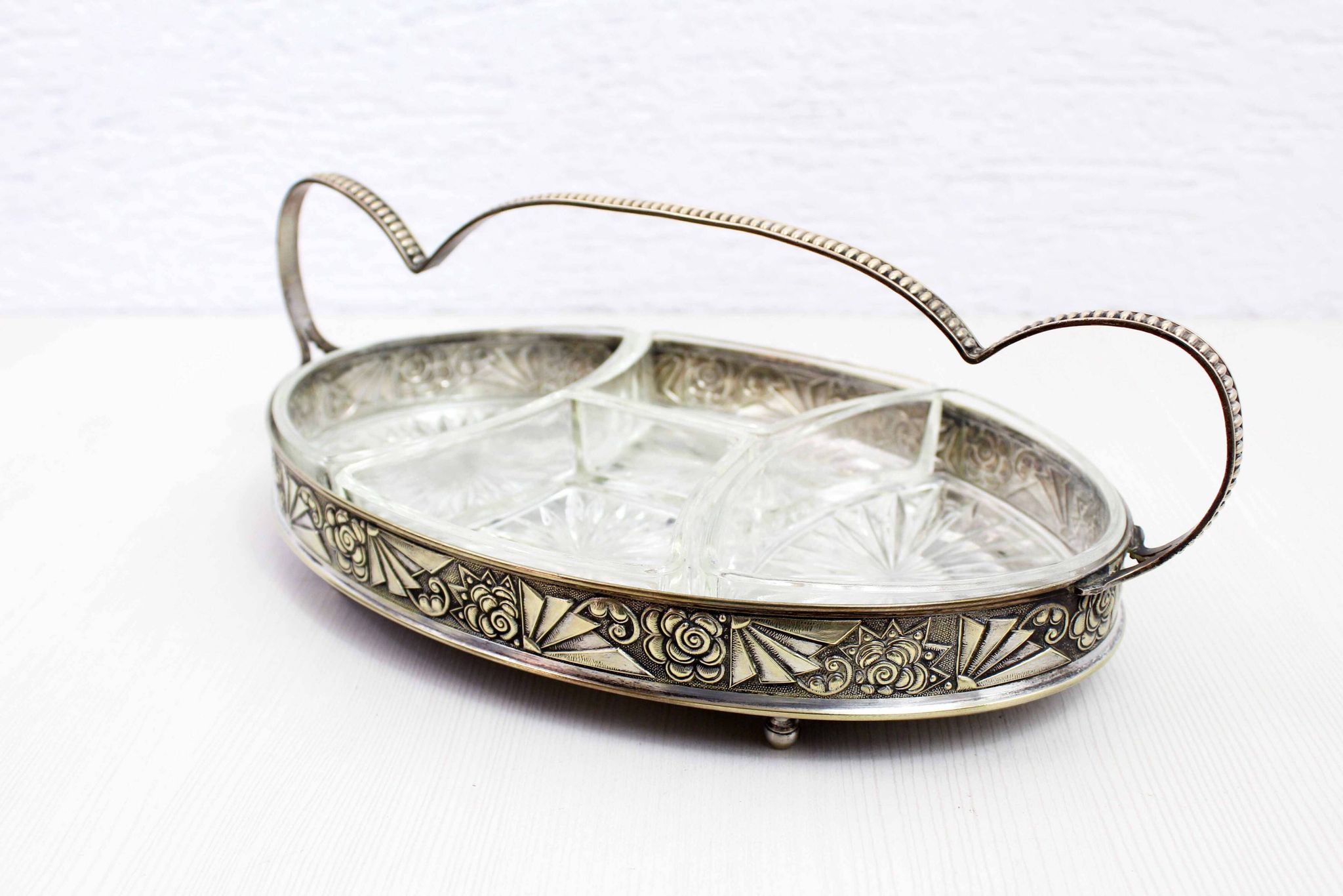 Art Deco silver metal tray with 4 ramekins