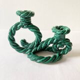Two-armed candlestick in green glazed ceramic, braided effect