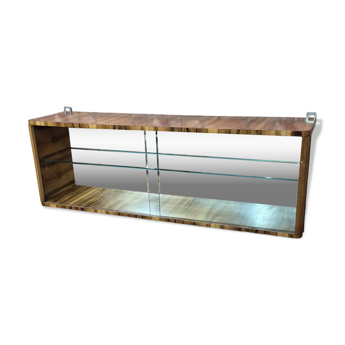 Wall-Mounted Walnut Display Cabinet with Mirrored Back – Upcycled 1960s Mid